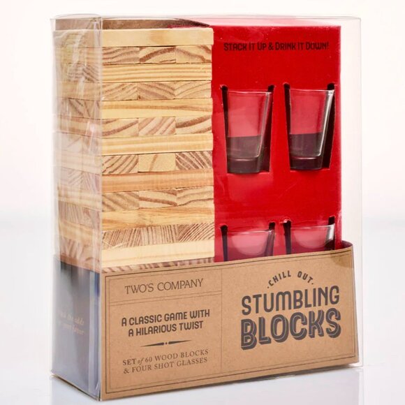 Two's Company Classic Drinking Game Stumbling Blocks Shot Glasses & Wood Blocks - Picture 3 of 5